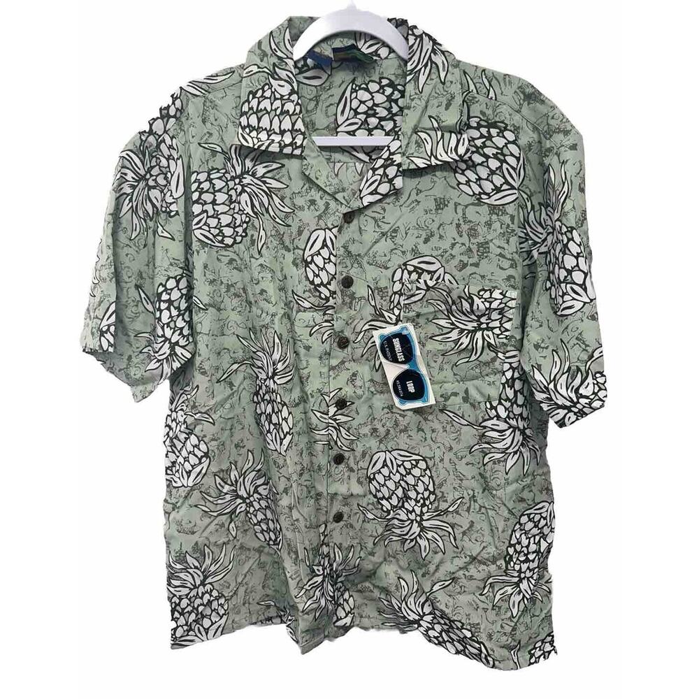 Roundy Bay Tropical Hawaiian Button Down Shirt 100% Polyester Pineapple Mens L - Picture 1 of 5